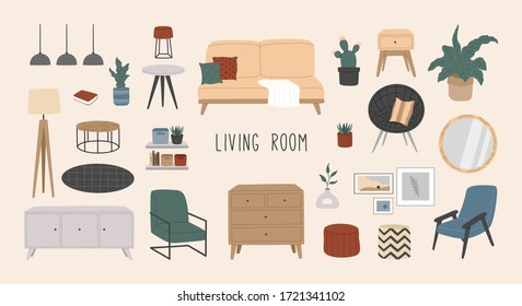 Set of stylish living room Scandinavian furniture, hygge home interior. Plant, comfortable sofa and house decoration, bookshelf with flowers, modern chest of drawers. Vector illustration.