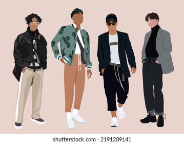 Conjunto de hombres elegantes vestidos con un moderno traje de moda al estilo de la calle de pie y caminando. Diversos tipos guapos de diferentes razas y nacionalidades. Ilustración realista vectorial de dibujos animados aislada.