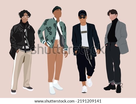 Set of stylish men wearing modern street style fashion outfit standing and walking. Diverse of  handsome guys different races and nationalities . Cartoon vector realistic illustration isolated.