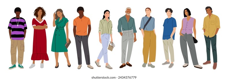 Set of stylish men, women in street fashion outfit