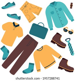 Set of stylish men's clothing. Summer, spring, autumn men's clothing. Vector illustration in flat cartoon style.