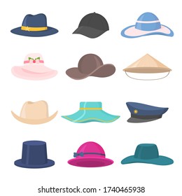 Set of stylish mens and womens headwear of various types - hats, caps, kepi isolated on white background. Hat, cap headgears for ladies and gentlemen. Collection of fashion accessories. Vector.