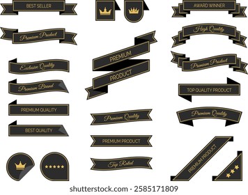 Set of stylish and minimal black and gold ribbons and banners. Includes Premium Product labels, Exclusive Quality badges and Best Seller ribbons. Isolated vector illustration designs