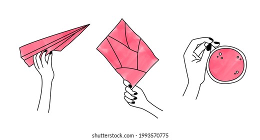 Set of stylish minimal fashion icons with female hands. Simple linear illustration with black manicure. Hand launches a paper airplane, holds a book, a cup. Two-color logo, emblem, label for cosmetics