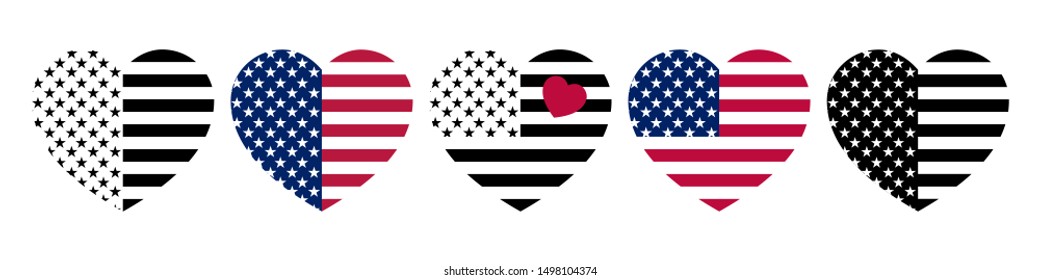 Set of stylish minimalistic heart-shaped USA flag layouts.