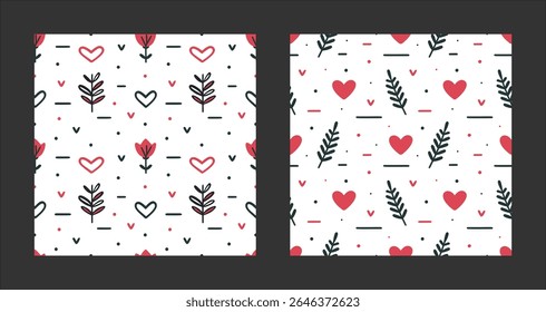 Set of stylish minimalistic seamless pattern on Valentine's Day on white background. Memphis design with holiday greetings, for print fabric, textile and wrapping.