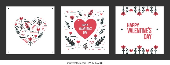 Set of stylish minimalistic Valentine's Day cards on white background. Memphis design with holiday greetings, for printing, invitations and declarations of love with the text "Happy Valentine's Day!"