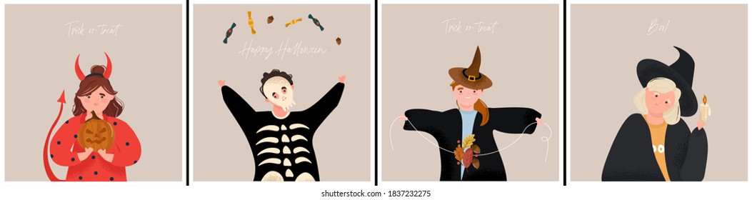 Set of stylish minimalistic vector flat Halloween cards in cartoon style. Happy Halloween. Trick or treat. Halloween greeting cards with children in costumes of ghosts, devil, skeleton and witches. 