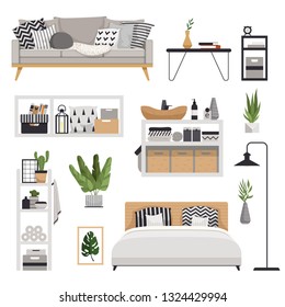 Set for a stylish modern furniture in the Scandinavian style. Minimalistic and cozy interior with drawers, bed, shelves, lamp, plants, sofa and table. Vector illustration.