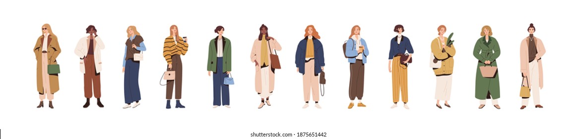 Set of stylish modern women in fashion clothes. Spring and autumn vogue. Collection of people in fashionable urban outfits isolated on white background. Colorful flat vector illustration
