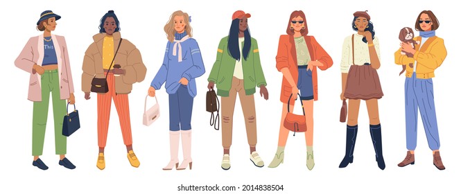 Set of stylish modern women in fashion clothes isolated flat cartoon characters. Vector spring and autumn vogue. Collection of people in fashionable urban outfits, stylish bags and scarves accessories