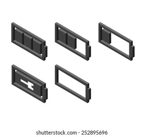 set of stylish monochrome isometric battery charge icons isolated in white background