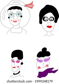 Set of stylish and morden grandma's faces. Beautiful and fashionable older lady. Vetor. Illustration.