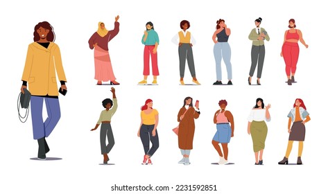 Diseñado Con Estilos Personajes Multinacionales Femeninos, Mujeres Caucásicas, Árabes, Africanas Y Asiáticas Usan Ropas De Moda. Hermosa Moda Multiétnica Femenina, Vestido Moderno. Ilustración de vectores de personas de caricatura