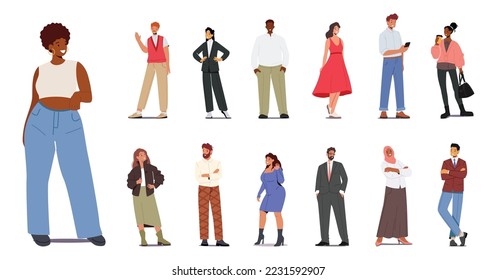 Set Stylish Multinational People. Male and Female Characters, Caucasian, Arab, African or Asian Men and Women Wear Trendy Clothes. Multiethnic Persons in Modern Apparel. Cartoon Vector Illustration svg
