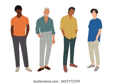 Set of stylish multiracial men different ages wearing summer smart casual office outfits. Handsome Business men characters standing in modern clothes. Vector realistic people illustrations isolated.