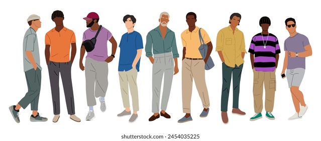 Conjunto de hombres multirraciales con estilo de diferentes edades que llevan ropa de oficina casual elegante de verano. Hombres de negocios guapos personajes de pie en ropa moderna. Vector personas realistas ilustraciones aisladas.