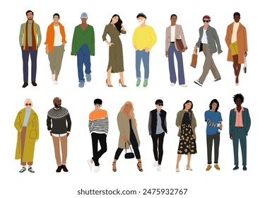 Set of stylish multiracial people different ages wearing autumn smart casual office outfit. Business men, women standing in modern clothes. Vector realistic illustrations isolated on white background.