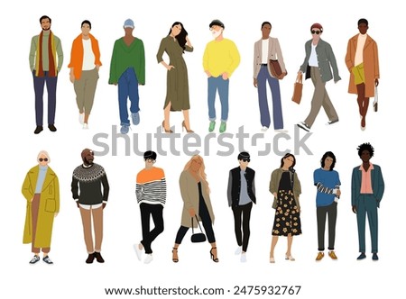 Set of stylish multiracial people different ages wearing autumn smart casual office outfit. Business men, women standing in modern clothes. Vector realistic illustrations isolated on white background.