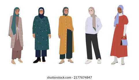 Set of stylish Muslim women. Arab girls in traditional casual clothes and headwear. Female characters in fashionable outfits and hijabs. Cartoon flat vector collection isolated on white background