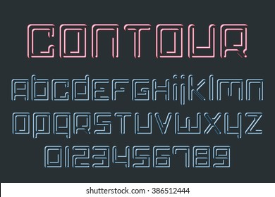 set of stylish, neon light alphabet letters and numbers. vector contemporary font type collection. regular, outline shiny style typeface design