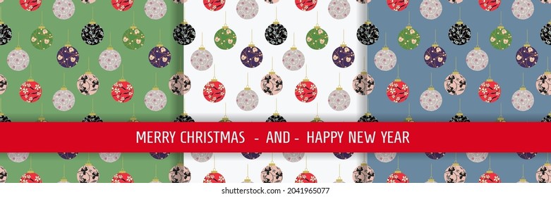 Set of stylish New Year templates with Christmas balls. Suitable for holiday background, fabric, cover, stickers, banner, greeting card, wrapping paper. Repeating vector illustration, seamless pattern