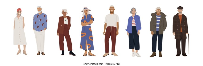 Conjunto de gente vieja y elegante. Felices hombres y mujeres mayores con ropa informal de moda. Abuelos con trajes de moda. Persona de edad positiva. Colección vectorial plana de dibujos animados aislada en fondo blanco