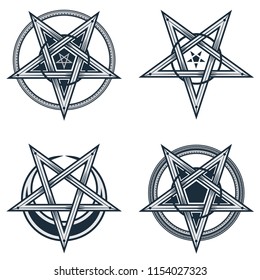 Set Of Stylish Pentagrams With Moon Symbol. Vector Illustration Of Satanic, Occult Symbols, Isolated On White.
