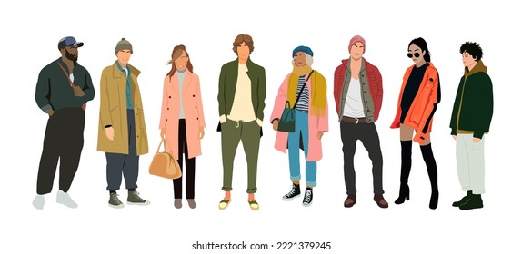 Set of stylish people in fashion casual outfits with accessories and bags. Young modern men and women wearing trendy street fashion clothes. Flat vector realistic illustration isolated on white. 