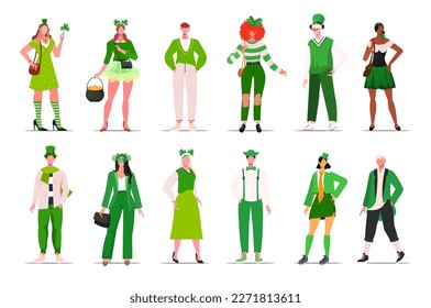 Set of stylish people in party green clothes for celebrating St. Patrick's Day. Flat vector illustration isolated on background.