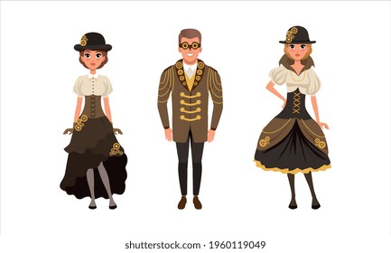 Set of Stylish People Wearing Retro Steampunk Outfit, Steampunk Party, Festival Concept Cartoon Vector Illustration