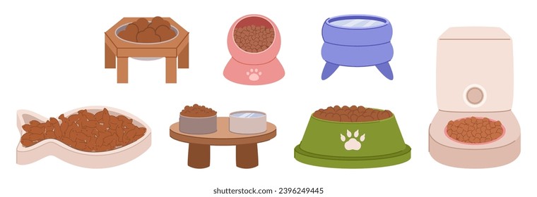 Set Of Stylish Pet Food Bowls, Crafted With Vibrant Colors And Durable Materials, Providing A Delightful Dining Experience For Furry Friends While Complementing Home Decor. Cartoon Vector Illustration