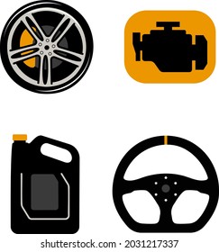 Set stylish pictogram wheel, check engine, oil, steering wheel.