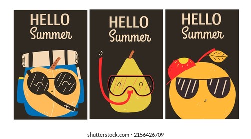 A set of stylish postcards with summer fruit characters. Vector illustration in flat style