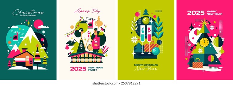 Set of stylish posters in geometric style on the theme of winter, Christmas and New Year's holiday. Mountains, winter, ski resort, champagne, Christmas tree, cozy houses and festive mood