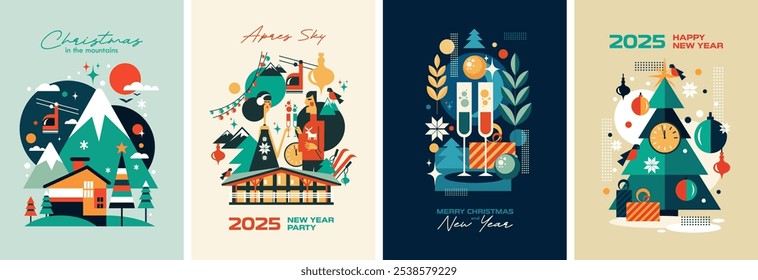 Set of stylish posters in geometric style on the theme of winter, Christmas and New Year's holiday. Mountains, winter, ski resort, champagne, Christmas tree, cozy houses and festive mood