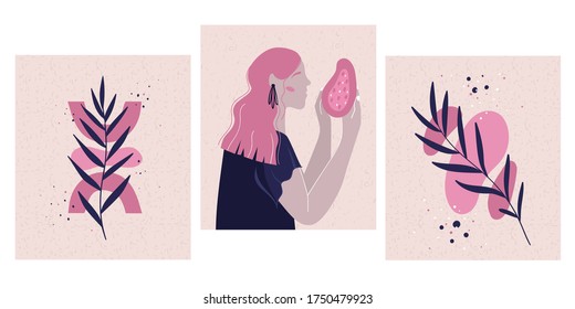 
Set of stylish posters of three pieces. Abstract woman with papaya. Abstract plants with bright accents. Vector illustration.