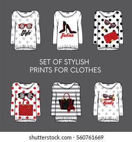 Set of stylish prints for fashionable women's clothing. Vector illustration for a card or poster. Girl's T-shirts.