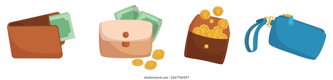 Set of Stylish Purses Filled With Crisp, Green Money Bills and Coins. Concept Of Wealth, Wallet Icons, Isolated Elements for Luxury, Finance, Shopping Or Lifestyle Themes. Cartoon Vector Illustration