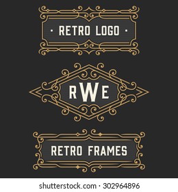 The set of stylish retro logo and monogram emblem templates. Elegant vintage frames ornament design. Stock vector.