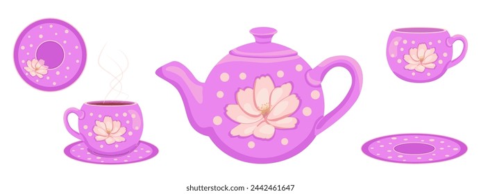 Set of stylish retro teaware in bright colors. Vector cups, saucers, teapot isolated on white background. Pink polka dot flower on kitchen items. For design of covers, books, menus, restaurants, cafe