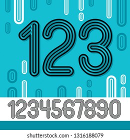 Set of stylish retro vector digits, modern numerals collection. Trendy rounded numerals from 0 to 9  can be used in poster creation. Created using triple stripy, parallel lines.