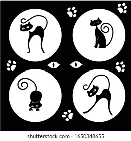 A set of stylish round stickers. Cats in profile and on the face. The cat plays with the mouse, sleeps, stretches, before jumping. Black and white image. Vector illustration
