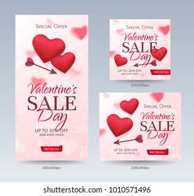 Set of stylish sale banners of different sizes for Happy Valentine's day with red hearts and arrows. Romantic template of flyers for discount offer. Vector pink background with hearts.