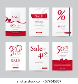 Set of stylish sale banners with red bow, ribbon and paper shopping bag. Vector template for discounts offered on the website. Isolated from the background