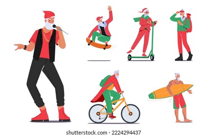 Establece el elegante personaje de Santa Claus Rap, Riding Skateboard, Scooter o Bicycle, Disfruta Surfing Sport, Usa el teléfono móvil para buscar la ruta correcta. Personaje de caricatura de Noel de Navidad. Ilustración vectorial