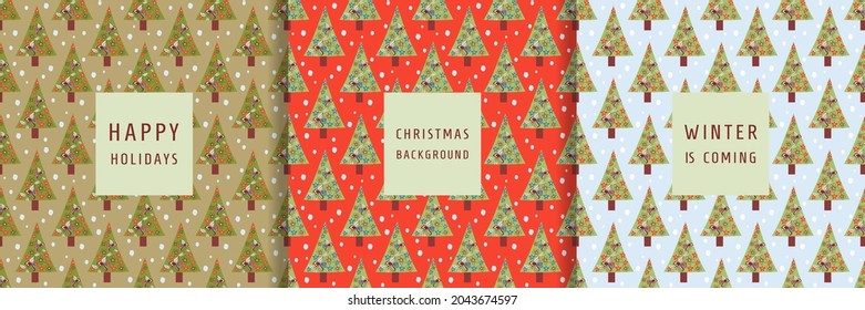 Un conjunto de elegantes y sin fisuras patrones de Navidad con árboles creativos. Adecuado para el fondo de vacaciones, tela, cubierta, pegatinas, banner, tarjeta de saludo, papel envolvente. Ilustración del vector