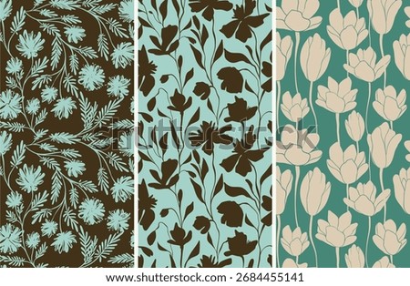 A set of stylish seamless floral patterns in trendy colors, retro linear vector, concise, contrasting vintage, handmade design for fabric design decoration elements on a light or dark background
