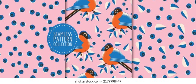 Set with stylish seamless patterns with snowfinches, leaves and berries. Vector backgrounds, prints, designs. Birds. 