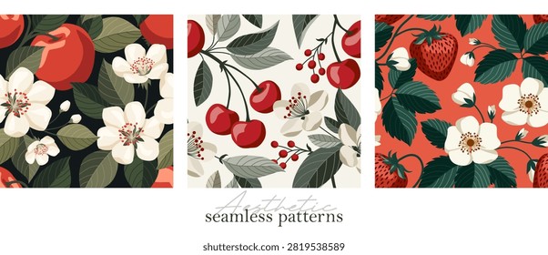 Set of stylish seamless patterns in the style of flat graphics without gradients. Apples, cherries and strawberries with leaves